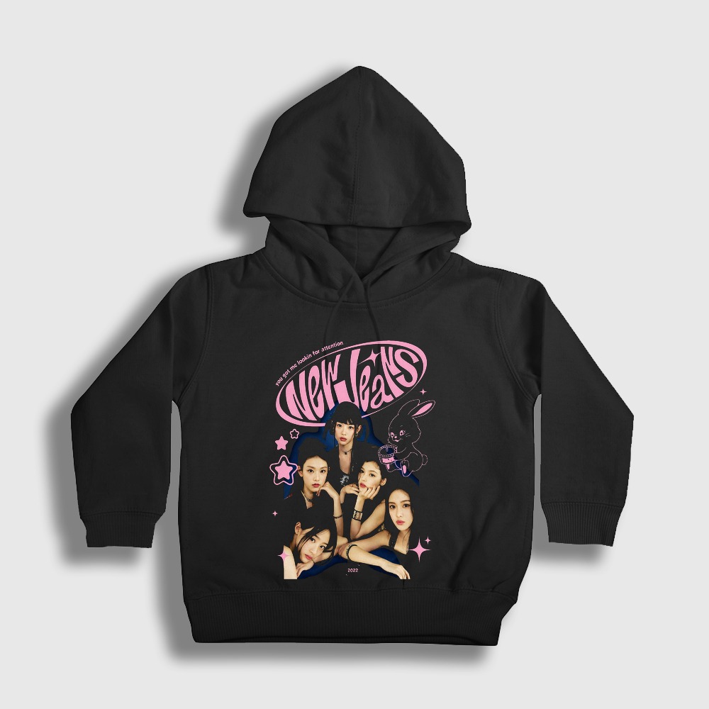 Attention K-Pop Newjeans Çocuk Kapşonlu Sweatshirt Siyah