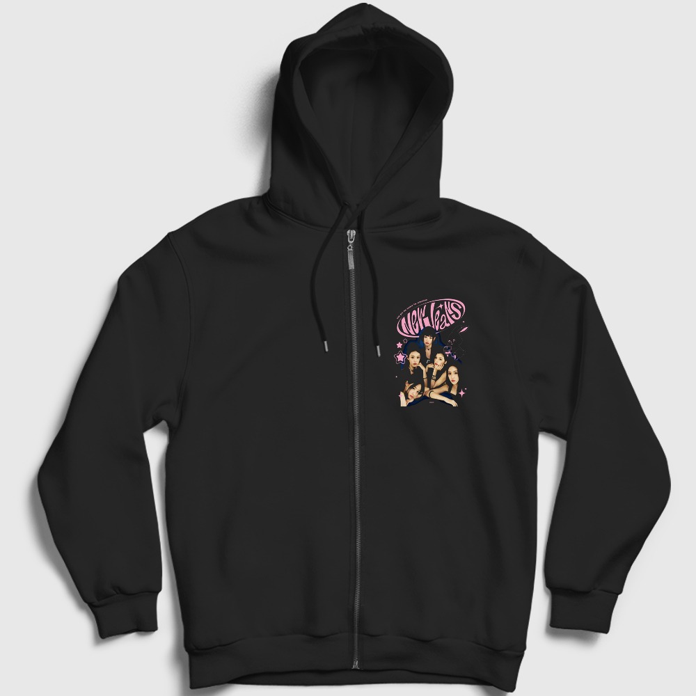 Attention K-Pop Newjeans Fermuarlı Kapşonlu Sweatshirt Siyah