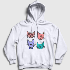 Dört Kedili Kapşonlu Sweatshirt beyaz