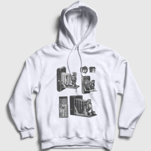 Eski Fotoğraf Makinesi Kapşonlu Sweatshirt beyaz