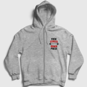 Fuck Stress Bench Press Fermuarlı Kapşonlu Sweatshirt gri kırçıllı