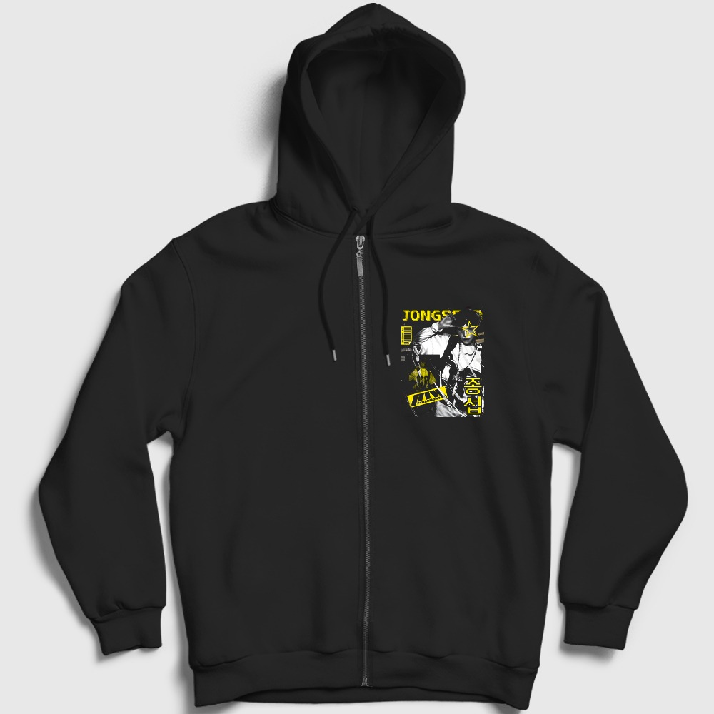 Jongseob K-Pop P1Harmony Fermuarlı Kapşonlu Sweatshirt Siyah