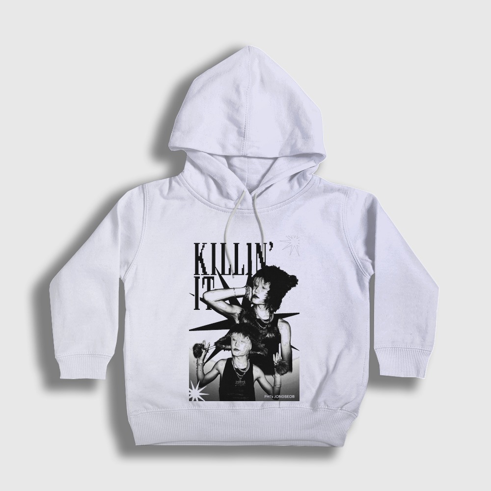 Jongseob Killin It K-Pop P1harmony Çocuk Kapşonlu Sweatshirt Beyaz