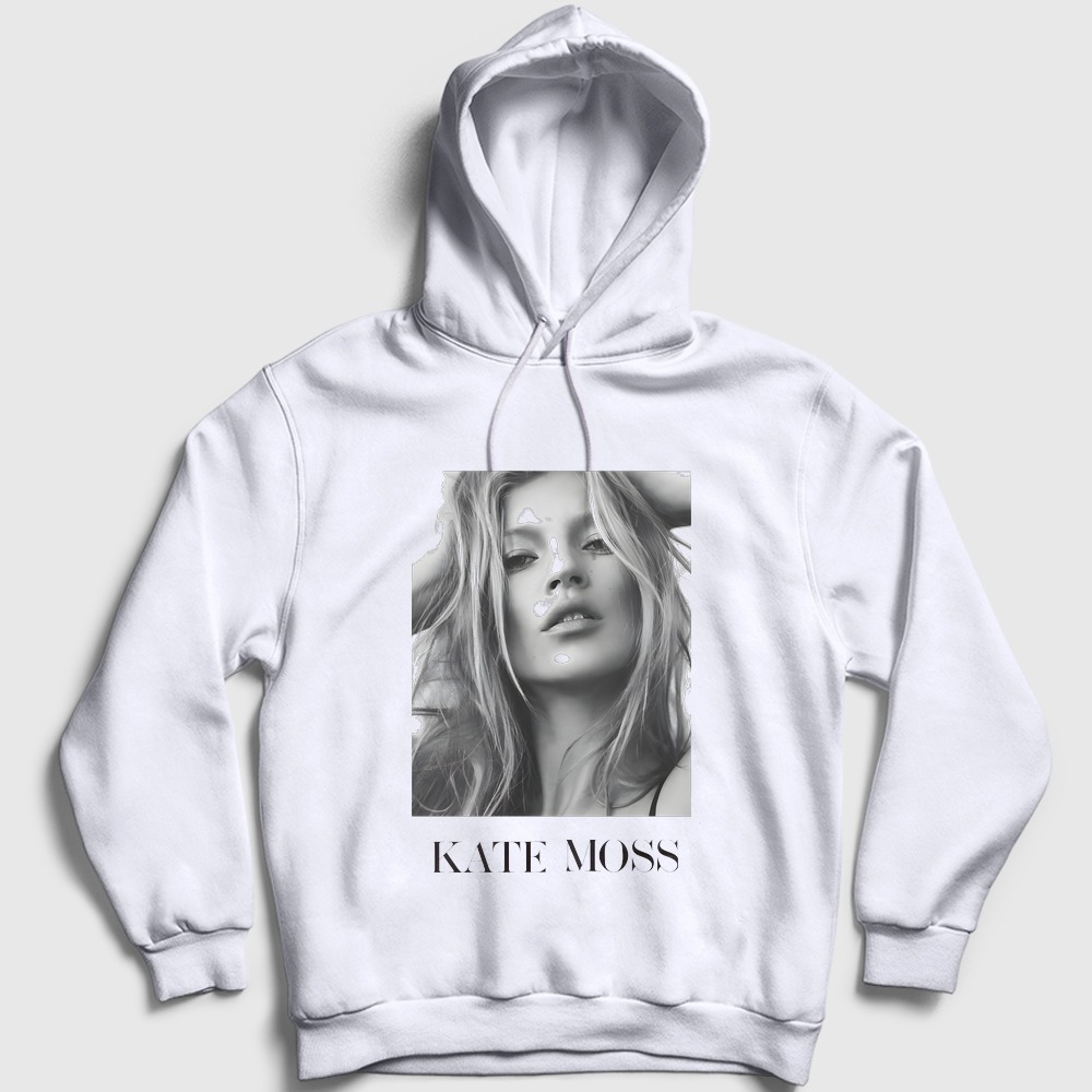 Kate Moss Model Kapşonlu Sweatshirt Beyaz