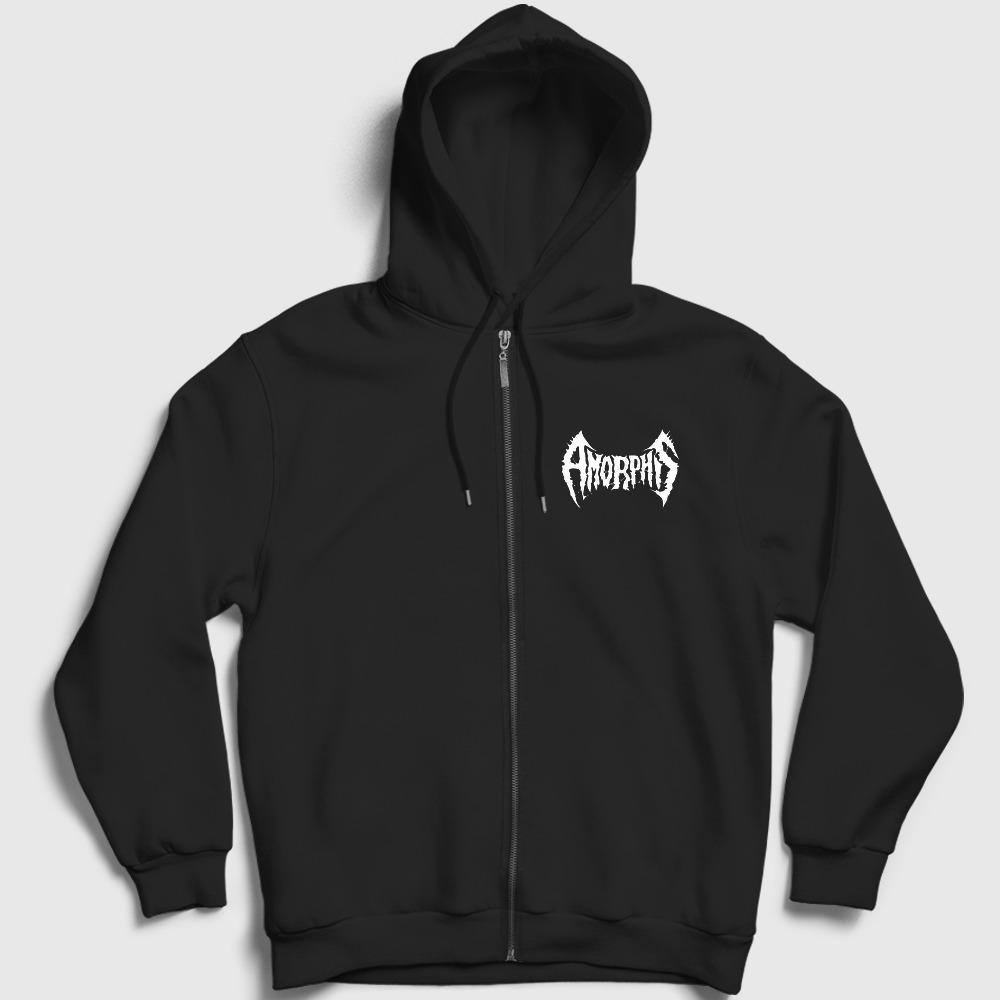 Logo Amorphis Metal Fermuarlı Kapşonlu Sweatshirt Siyah