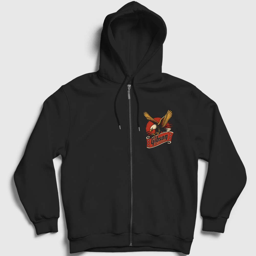 Logo Gibson American Made World Played Fermuarlı Kapşonlu Sweatshirt Siyah