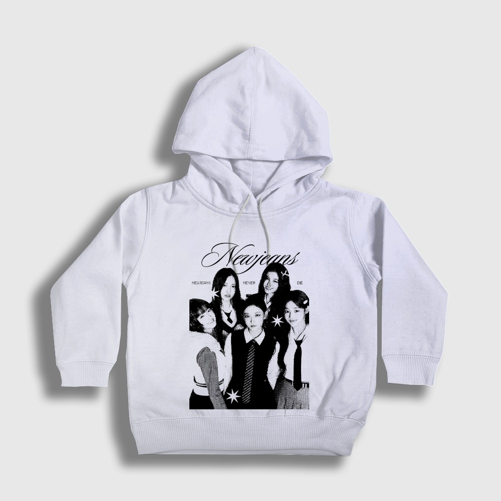 Never Die K-Pop NewJeans Çocuk Kapşonlu Sweatshirt Beyaz
