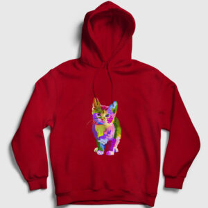 Renkli Kedi Kapşonlu Sweatshirt kırmızı