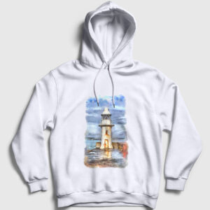 Resim Deniz Feneri Kapşonlu Sweatshirt beyaz